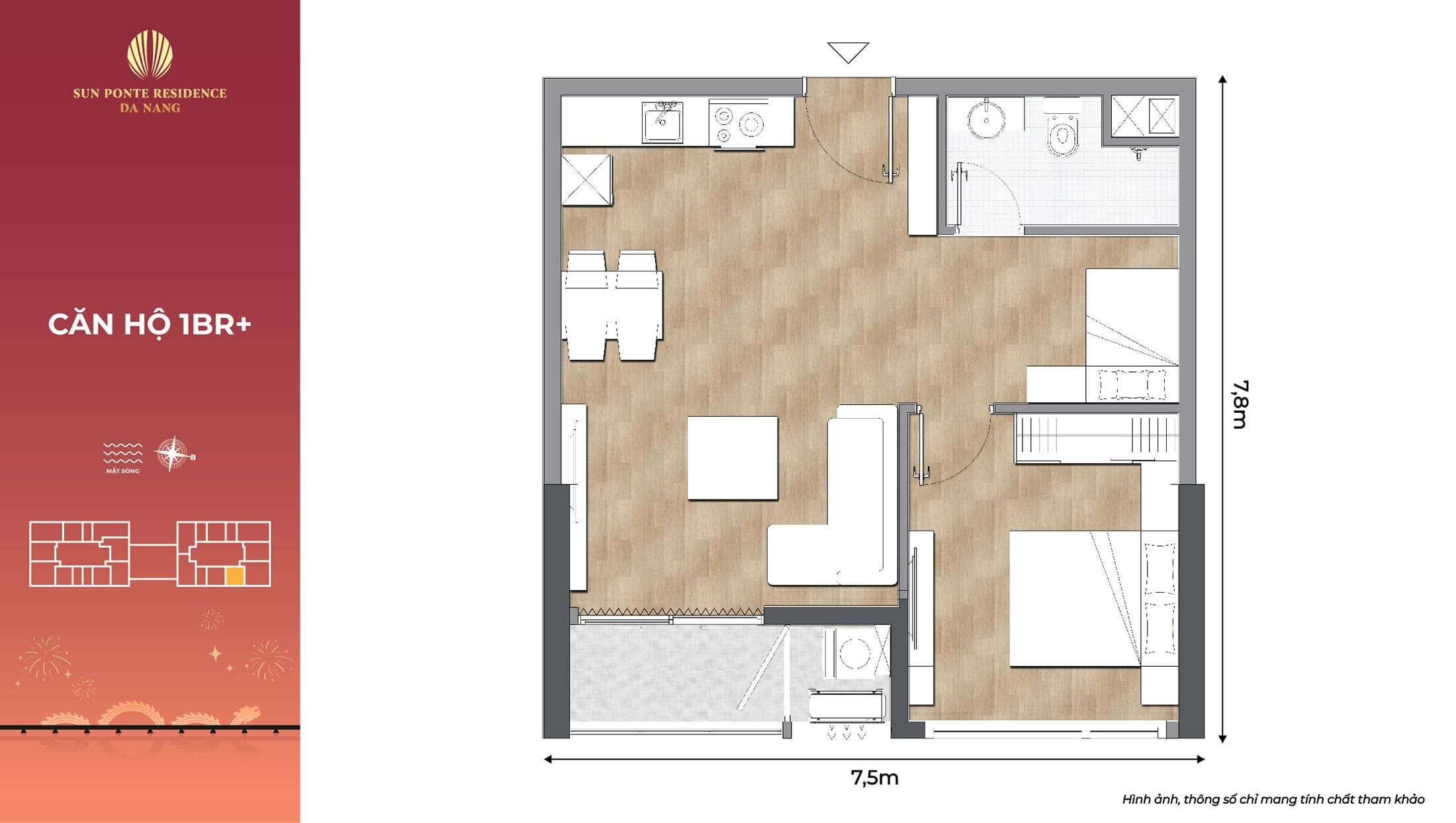 Layout thiết kế căn hộ cao cấp 1BR+ tại dự án Sun Ponte Residence Đà Nẵng. Layout thiết kế căn hộ cao cấp 1BR+ tại dự án Sun Ponte Residence Đà Nẵng.